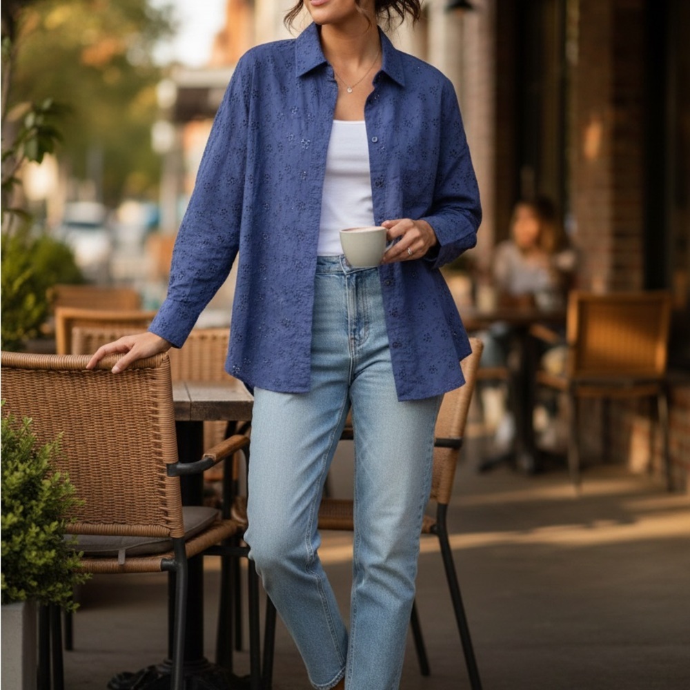 Candace Cameron Bure Dark Gray Embroidered Shirt 100% Cotton